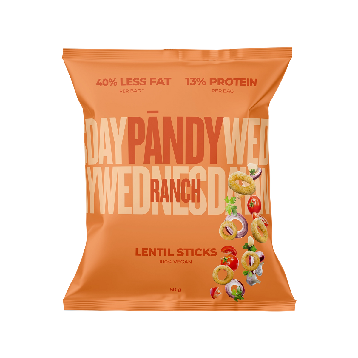 Pändy Lentil Snacks 50 g linssisipsejä oranssissa pussissa, makuna Ranch.