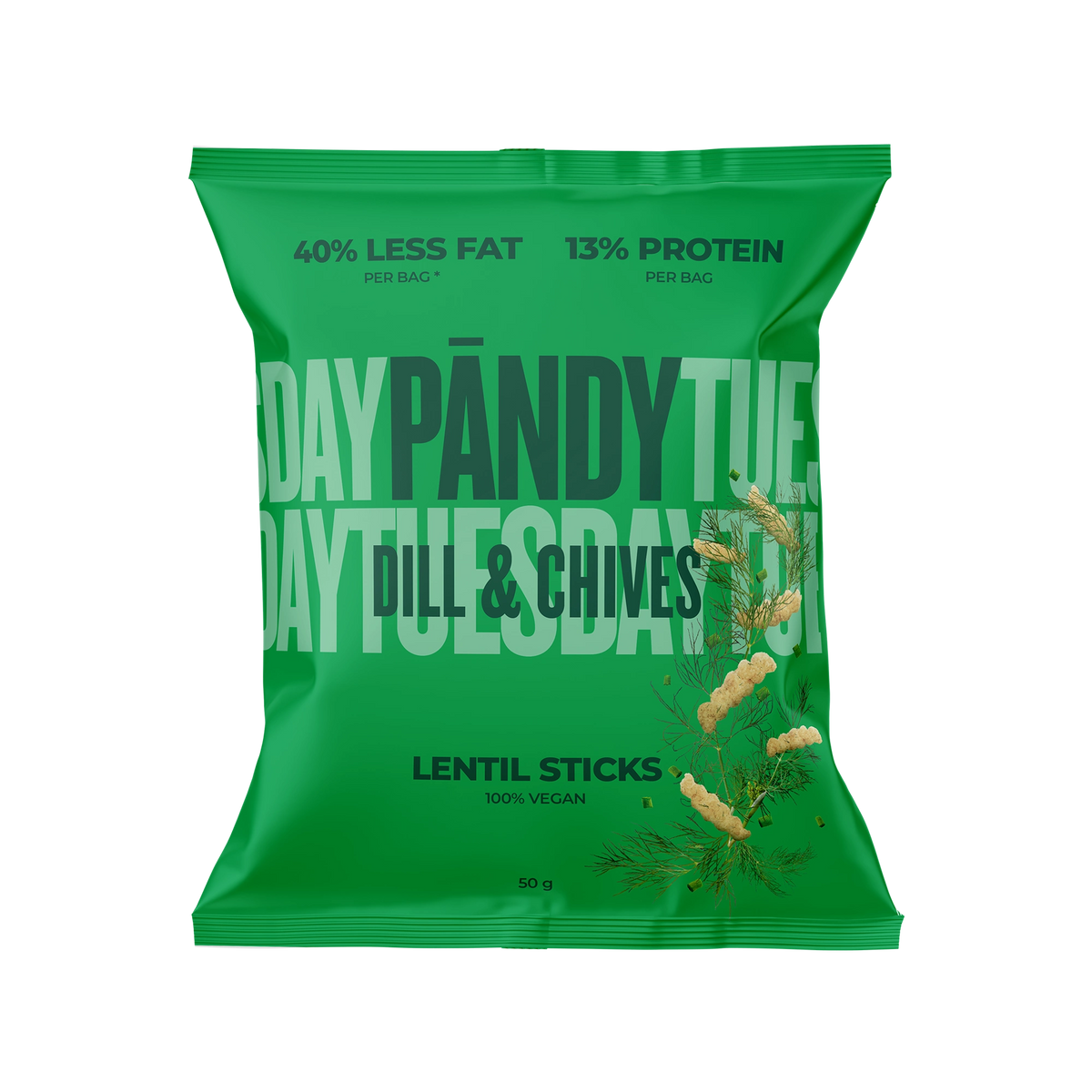 Pändy Lentil Sticks 50 g -linssisipsejä vihreässä pussissa, makuna Dill &amp; Chives., kuva 1/1