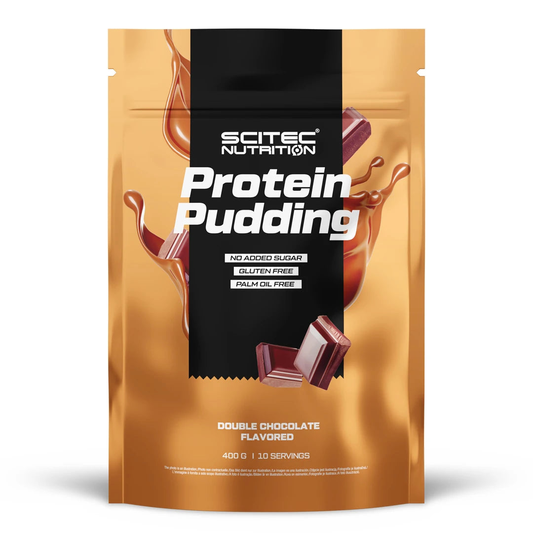 Scitec Nutrition Protein Pudding 400 g ruskeassa pussissa suklaakuvioinnilla, makuna Double Chocolate., kuva 1/1