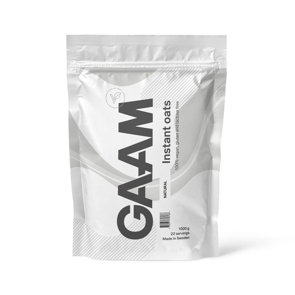 GAAM Instant Oats 1 kg -kaurajauhe tyylikkäässä valkoisessa pussissa, makuna maustamaton.