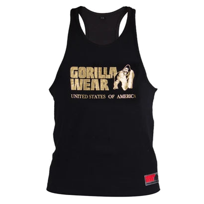 Gorilla Wear Classic Tank Top Black/Gold är ett svart brottarlinne i bomull med stort guldfärgat tryck framtill.
