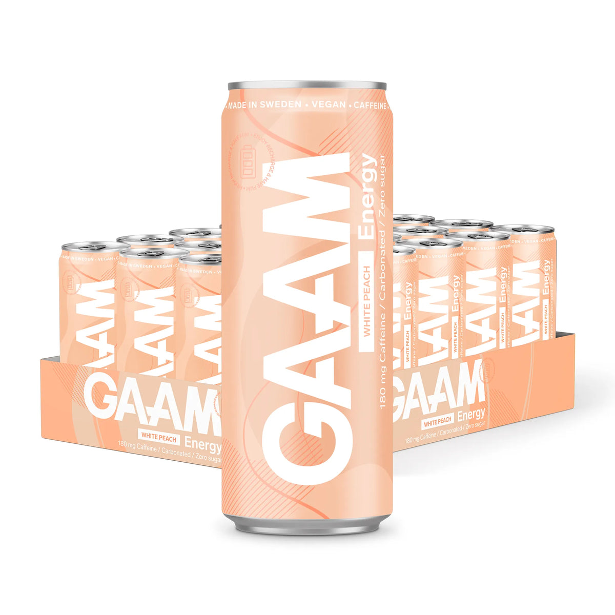 24 x GAAM Energy 330 ml White Peach -lava vaaleanoransseilla tölkeillä ja valkoisella tekstillä., kuva 1/1