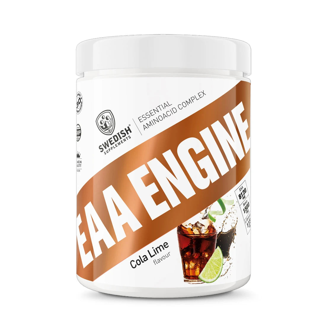 Swedish Supplements EAA Engine 450 g -EAA-jauhe valkoisessa purkissa ruskeilla yksityiskohdilla, makuna Cola Lime., kuva 1/1