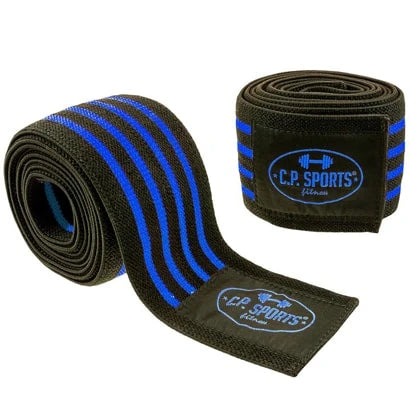 Mustat C.P. Sports Knee Wraps 2m -polvisiteet sinisillä raidoilla, polyesteriä ja kumia raskaisiin jalkatreeneihin., kuva 1/1