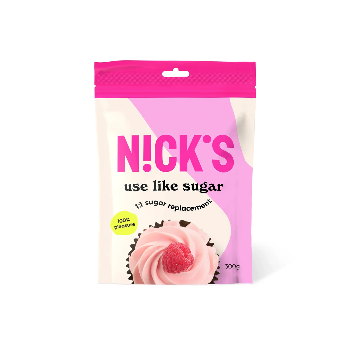 Nicks Use Like Sugar 300 g -sokerinkorvike valko-vaaleanpunaisessa pussissa, jossa on kuppikakun kuva., kuva 1/1