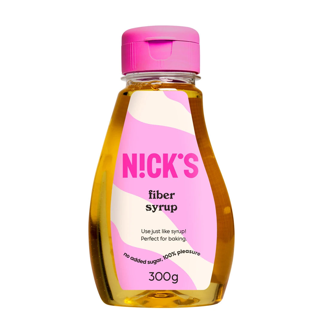 Nicks Fiber Syrup 300 g, en gyllene fibersirap i en genomskinlig plastflaska med rosa kork och matchande etikett., bild 1 av 1