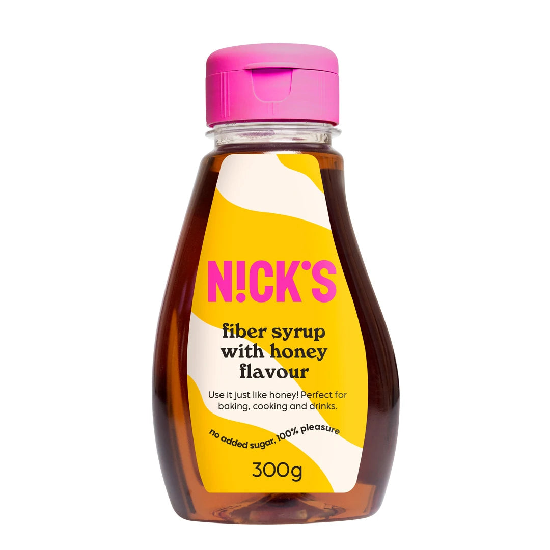 Nicks Fiber Syrup Honey 300 g i en transparent flaska med gul etikett och rosa kork, utan tillsatt socker., bild 1 av 1