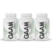 3 x GAAM Omega-3 90 caps kolmessa valkoisessa purkissa, joissa on vaaleanvihreitä yksityiskohtia ja musta teksti.