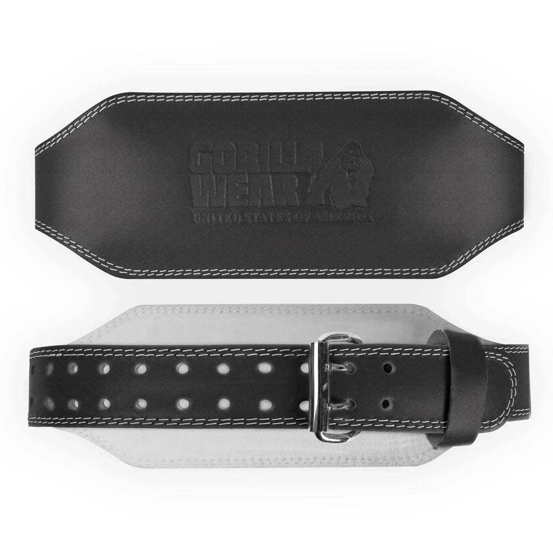 Gorilla Wear 6 Inch Padded Leather Belt Black, musta nahkainen treenivyö valkoisin tikkauksin ja leveällä selkäosalla., kuva 2/4