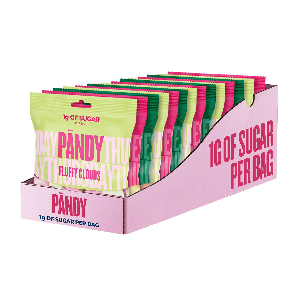 14 x Pändy Candy 50 g Mix-laatikko vaaleanpunaisessa laatikossa, joka on täytetty värikkäillä karkkipusseilla.