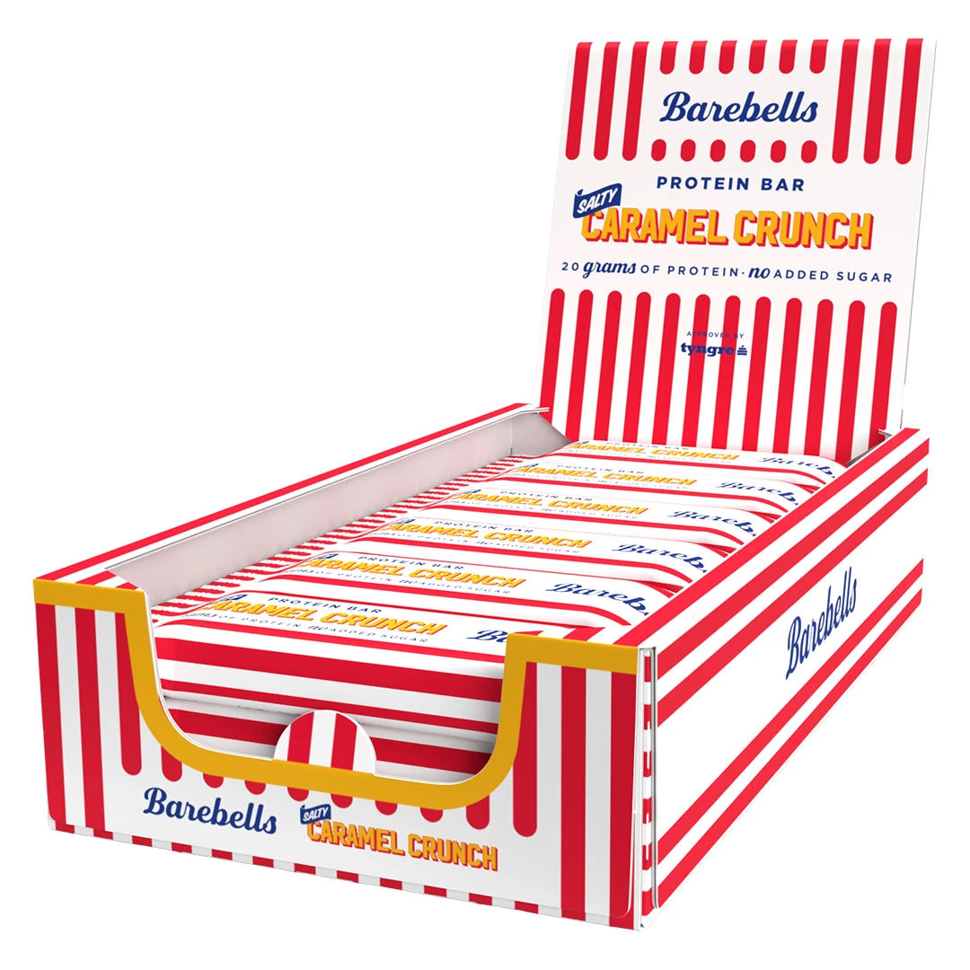 12 x Barebells Protein Bar 55 g Salty Caramel Crunch punavalkoraidallisessa esittelylaatikossa., kuva 1/1