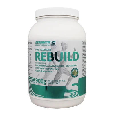 Strength Sport Nutrition Post Workout Rebuild 900 g valkoisessa purkissa turkooseilla yksityiskohdilla, makuna Sweet Lime., kuva 1/1