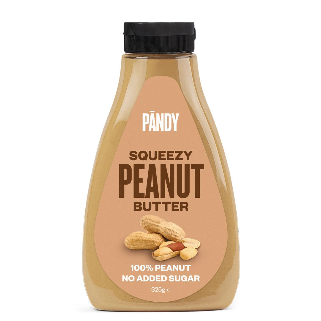 Pändy Squeezy 325 g -maapähkinävoi kätevässä puristepullossa, jossa on musta korkki ja maapähkinöitä kuvaava etiketti., kuva 1/2