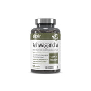 Elexir Pharma Ashwagandha 120 caps i en transparent burk med silverlock och vit-grön etikett, fylld med mörka kapslar.