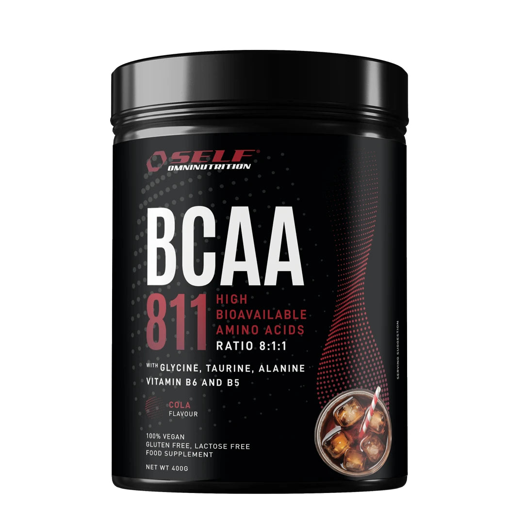 Self Omninutrition Bcaa 811 400 g -aminohapot mustassa purkissa punaisilla yksityiskohdilla, makuna Cola., kuva 1/1