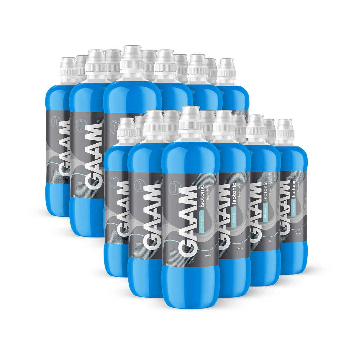 24 x GAAM Isotonic 500 ml -urheilujuomaa muovipulloissa sinisellä nesteellä ja valkoisella korkilla, makuna Blue Blast.