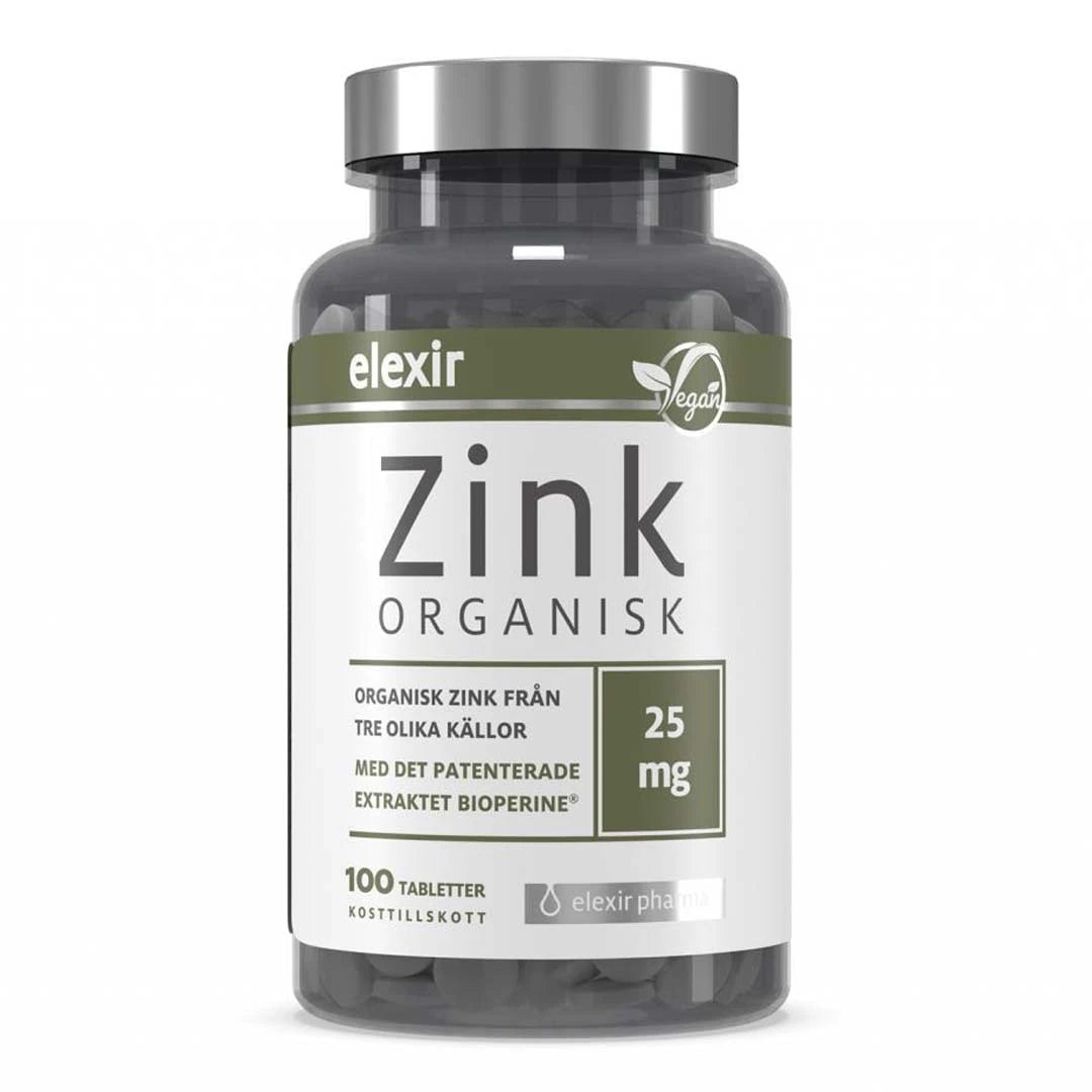 Elexir Pharma Organic Zink 100 tabs -ravintolisä tummassa purkissa, jossa on valkovihreä etiketti ja hopeinen kansi., kuva 1/1