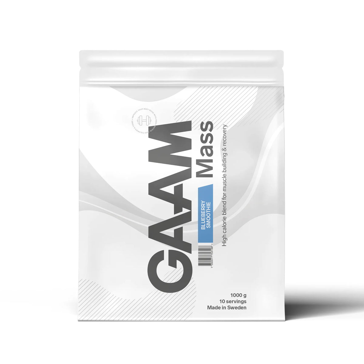 GAAM 100% MASS Premium 1 kg gainer i en vit påse med ljusblå detaljer för smaken Blueberry Smoothie., bild 2 av 9