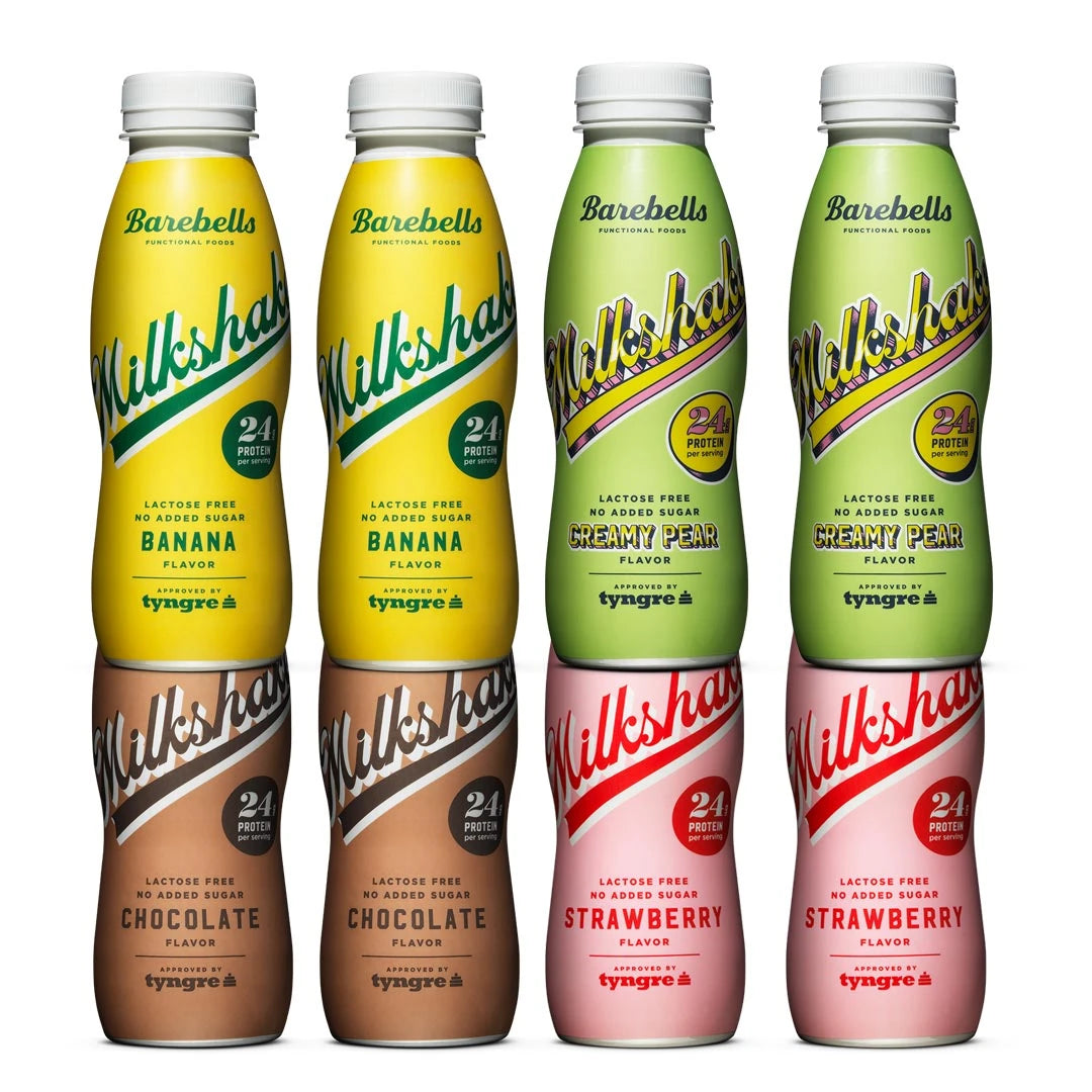 8 x Barebells Milkshake 330 ml -juomia kahdeksassa värikkäässä muovipullossa neljässä eri maussa., kuva 1/1