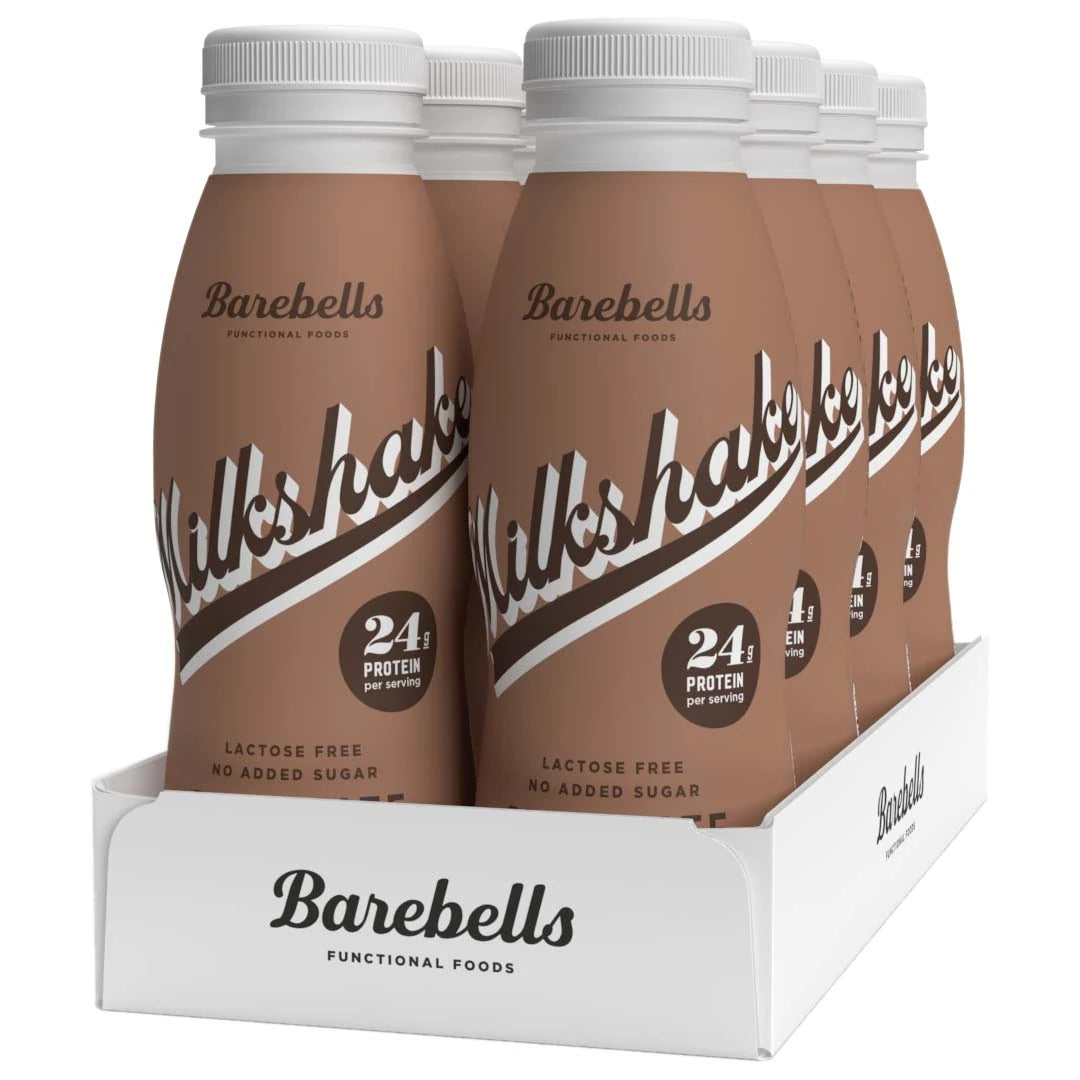 8 x Barebells Milkshake 330 ml Chocolate valkoisessa laatikossa, jossa on kahdeksan ruskeaa proteiinipirtelöpulloa., kuva 1/1