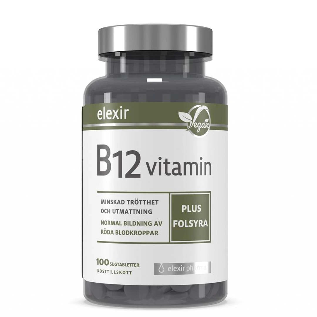 Elexir Pharma B12 Vitamin 100 tabs tummassa purkissa, jossa on hopeakansi ja valkoinen etiketti vihrein yksityiskohdin., kuva 1/1