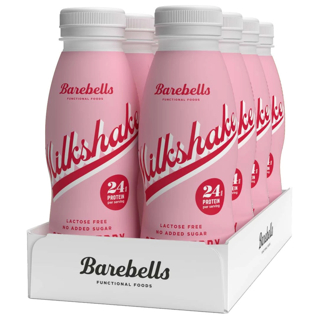 8 x Barebells Milkshake 330 ml Strawberry i en vit kartong med rosa flaskor och röda detaljer., bild 1 av 1