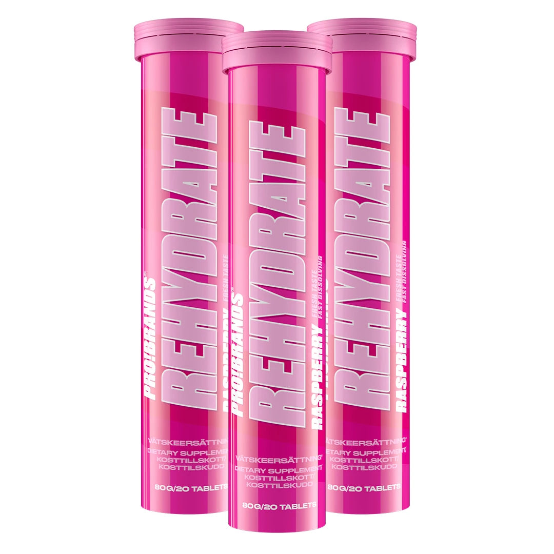 3 x Pro Brands Rehydrate 20 Tabs -nesteytystabletit kolmessa vaaleanpunaisessa putkilossa, makuna Raspberry.