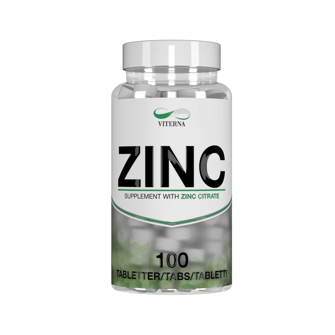 Viterna Zinc 100 caps läpinäkyvässä purkissa, jossa valkoinen etiketti, vihreitä yksityiskohtia ja valkoisia tabletteja., kuva 1/1