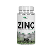 Viterna Zinc 100 caps i en genomskinlig burk med vit etikett, gröna detaljer och synliga vita tabletter.