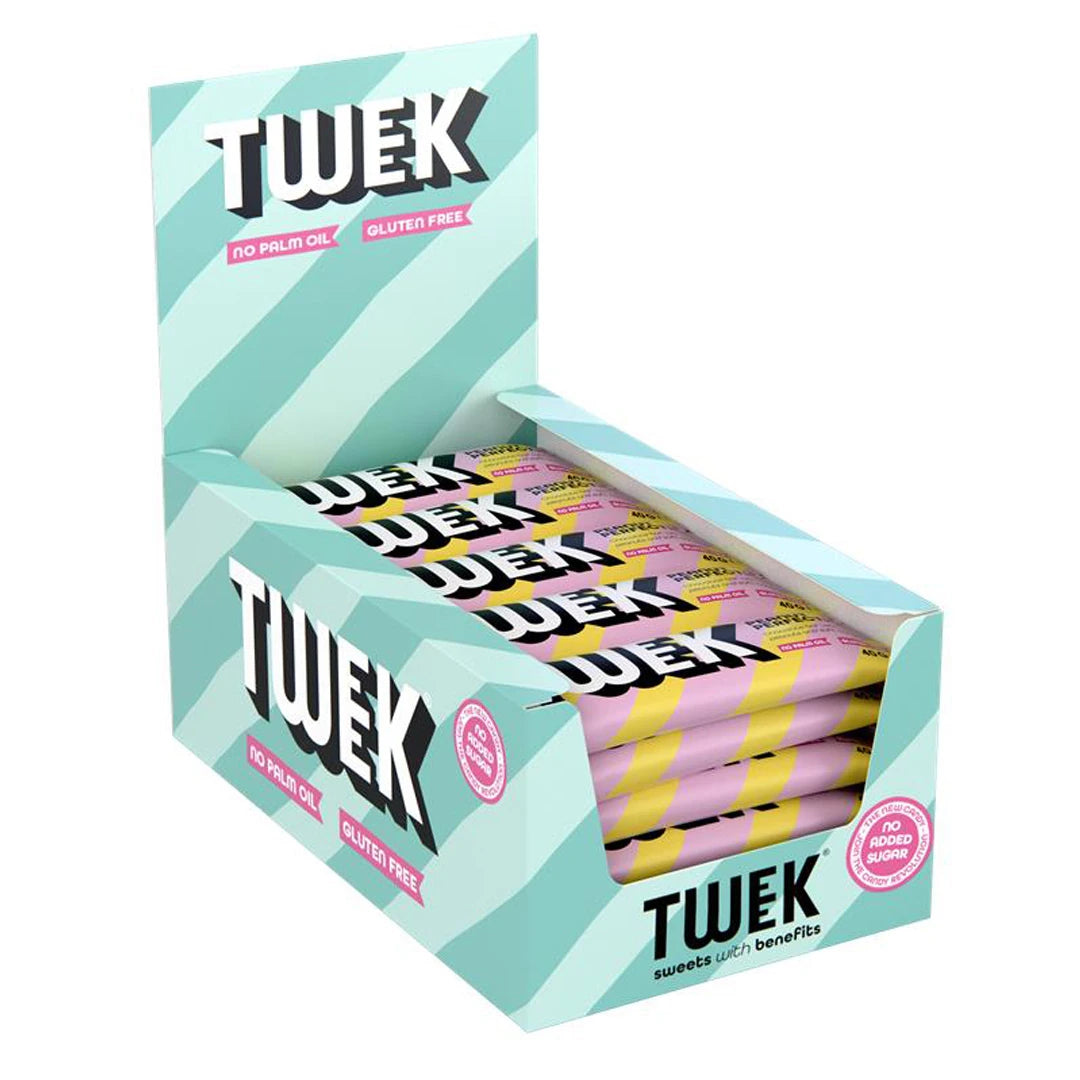 20 x Tweek Sweets Bar 40 g Mix-laatikko mintunvihreä-valkoraidallisessa laatikossa kelta-vaaleanpunaisilla patukoilla.