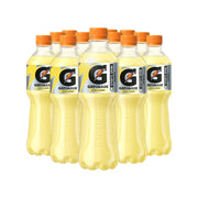 12 x Gatorade 500 ml Lemon i transparenta plastflaskor med gul sportdryck, orange kork och svart text.