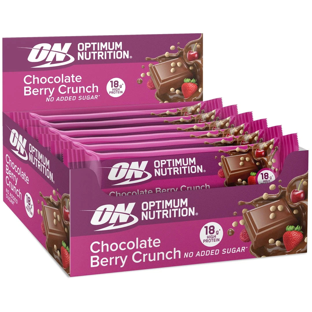 12 x Optimum Nutrition Chocolate Protein Bar 55 g Berry Crunch i en rosa displaybox med choklad- och bärdetaljer., bild 1 av 1