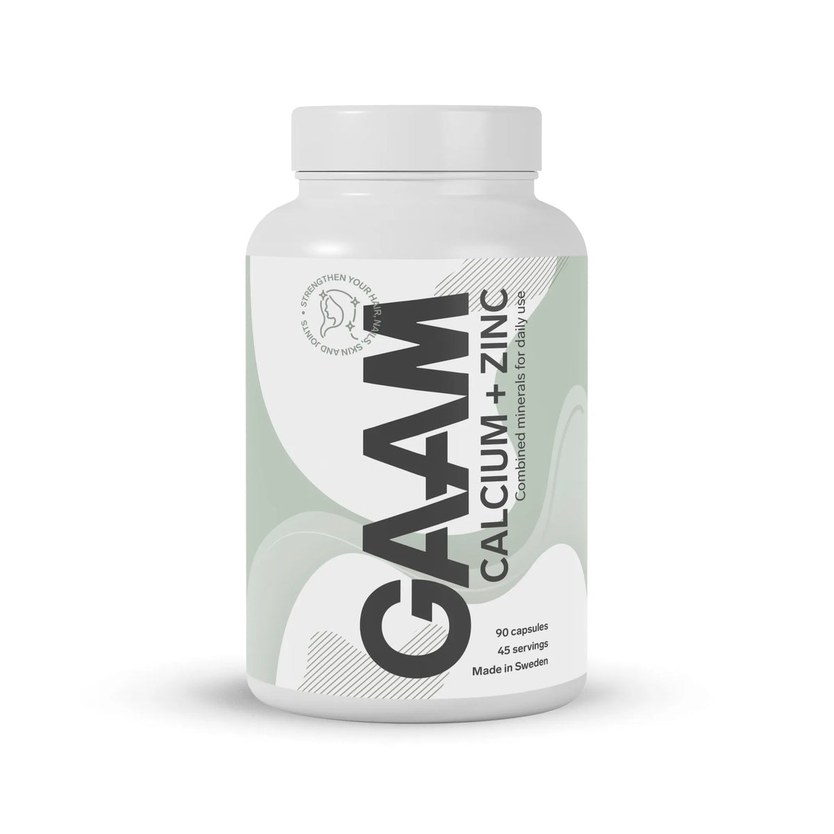 GAAM Calcium + Zinc 90 caps valkoisessa purkissa, jossa on harmaanvihreitä yksityiskohtia ja musta teksti., kuva 1/1