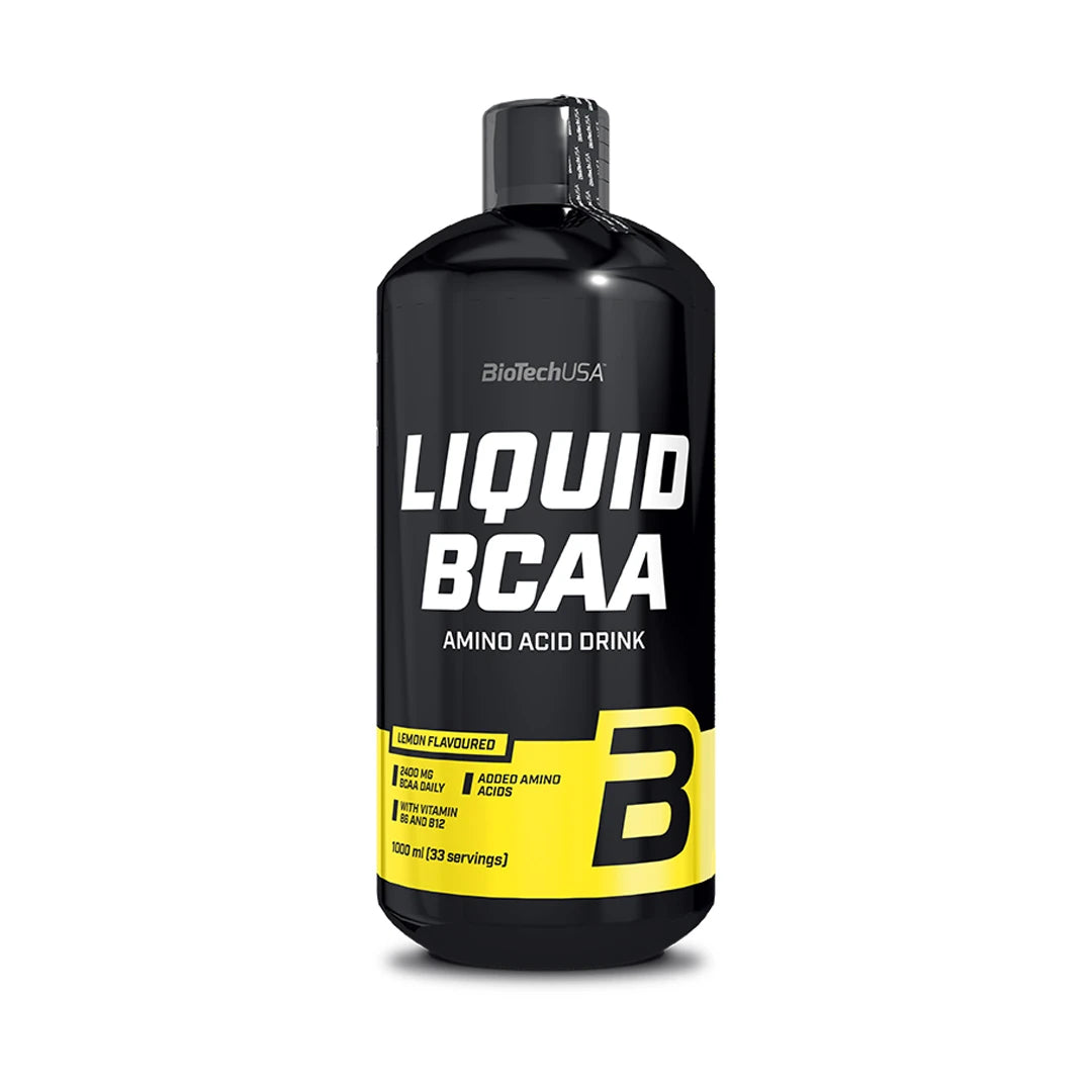BioTechUSA Liquid BCAA 1 l nestemäiset aminohapot mustassa pullossa, jossa on valkoisia ja keltaisia yksityiskohtia.