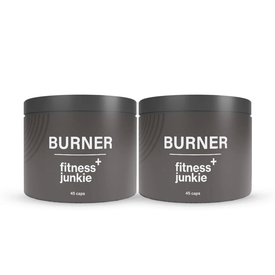 2 x fitnessjunkie Burner 45 caps -rasvanpolttaja kahdessa tummanharmaassa purkissa, joissa on tyylikäs valkoinen teksti., kuva 1/1