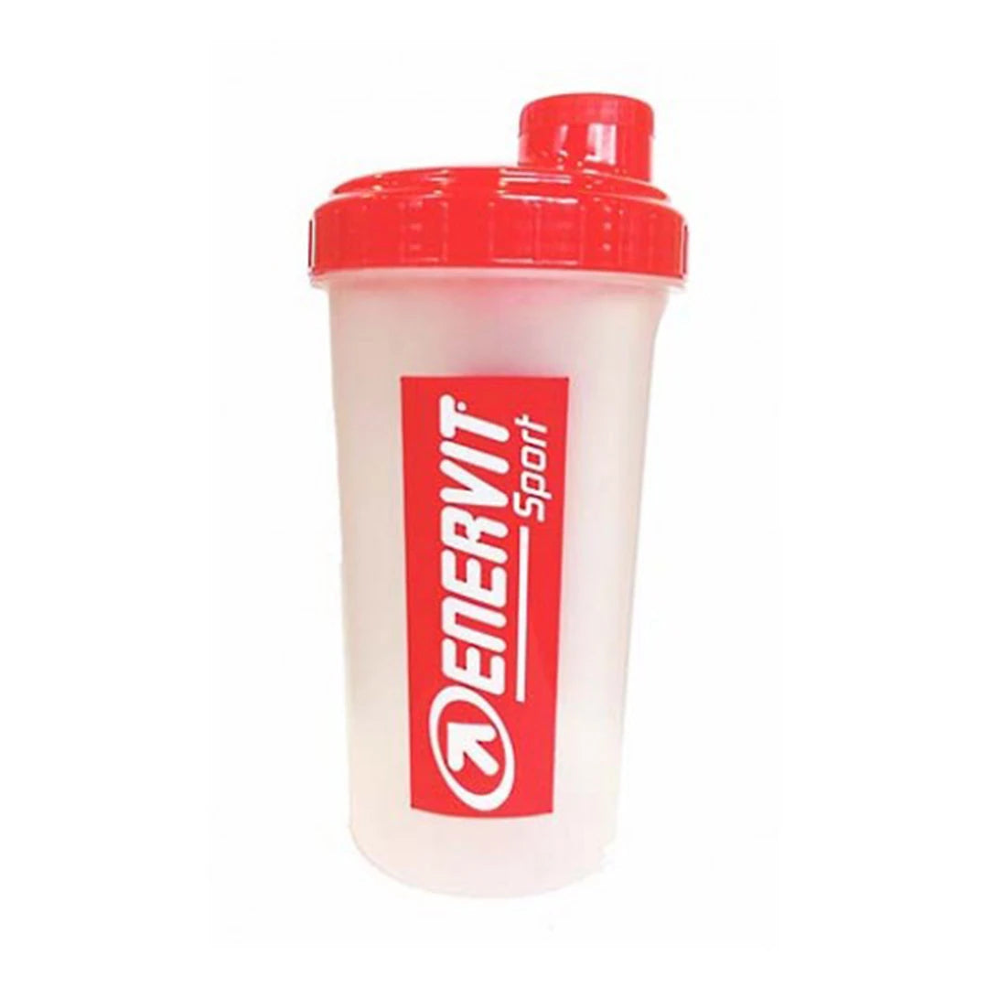 Enervit Sport Shaker 700 ml läpinäkyvästä muovista, jossa on punainen kansi ja punaiset logoyksityiskohdat sivulla., kuva 1/1