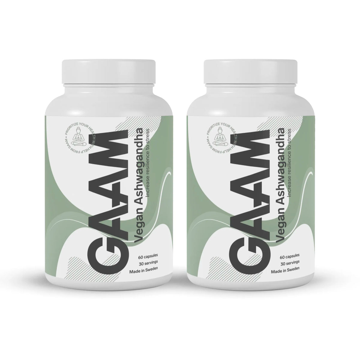 2 x GAAM Vegan Ashwagandha 60 caps kahdessa valkoisessa purkissa vihreillä yksityiskohdilla ja mustalla tekstillä., kuva 1/1