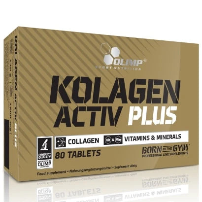 Olimp Kolagen Activ Plus 80 tabs -ravintolisä kullanvärisessä rasiassa, jossa on mustaa ja valkoista tekstiä., kuva 1/1