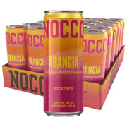 24 x NOCCO BCAA 330 ml Arancia laatikossa, jossa on yhteensopivia tölkkejä oranssin ja pinkin sävyissä.