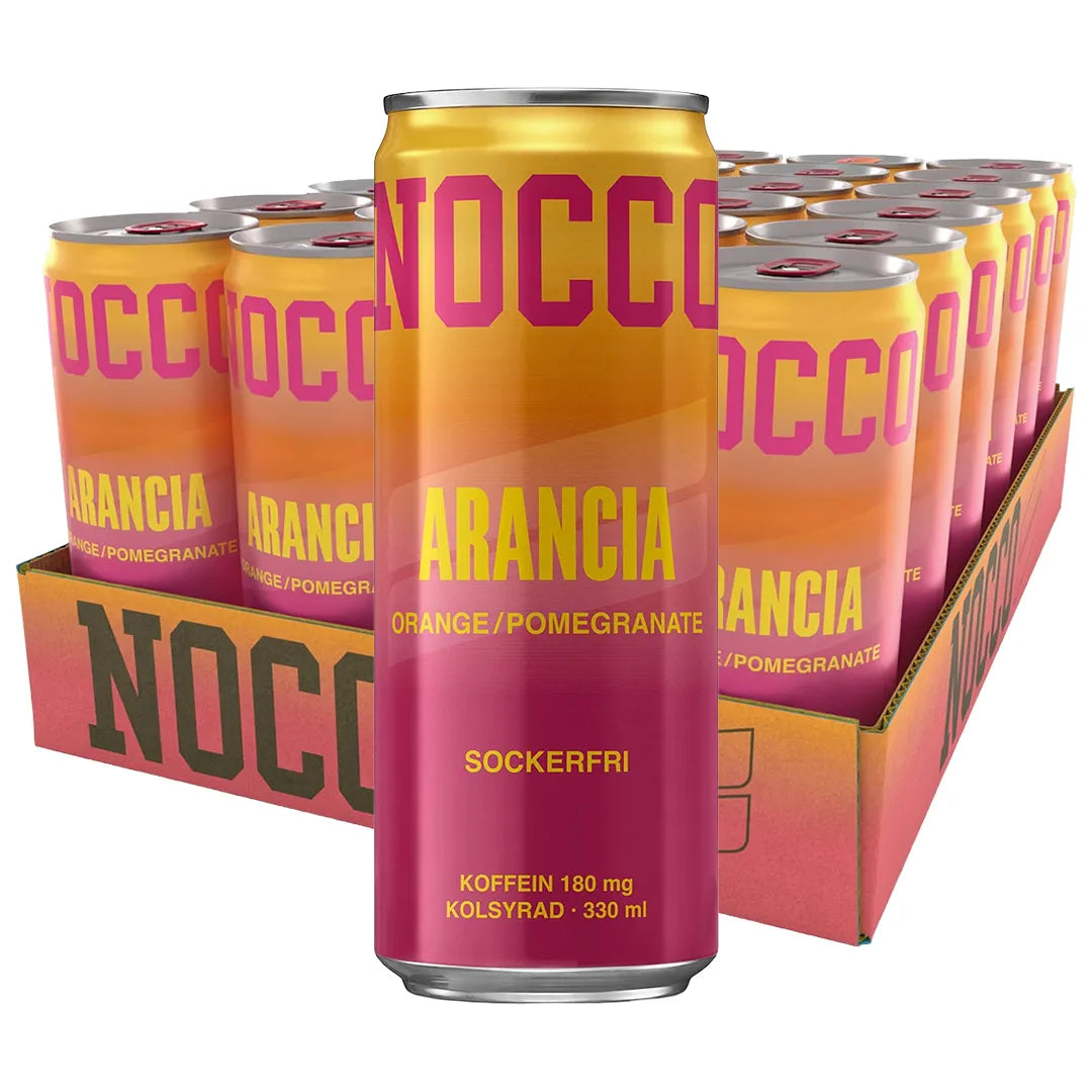 24 x NOCCO BCAA 330 ml Arancia laatikossa, jossa on yhteensopivia tölkkejä oranssin ja pinkin sävyissä., kuva 1/1