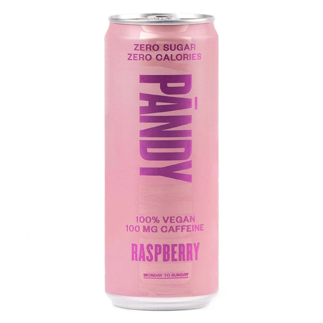 Pändy Soda 330 ml -kofeiinijuoma vaaleanpunaisessa tölkissä violeteilla yksityiskohdilla, makuna Raspberry., kuva 1/3