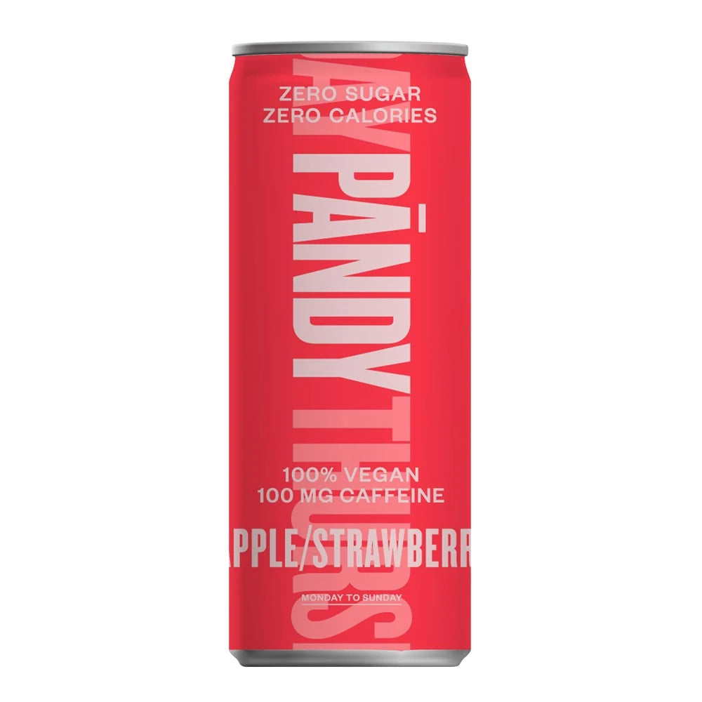 Pändy Soda 330 ml -kofeiinijuoma punaisessa tölkissä valkoisella tekstillä, makuna Apple Strawberry., kuva 2/3