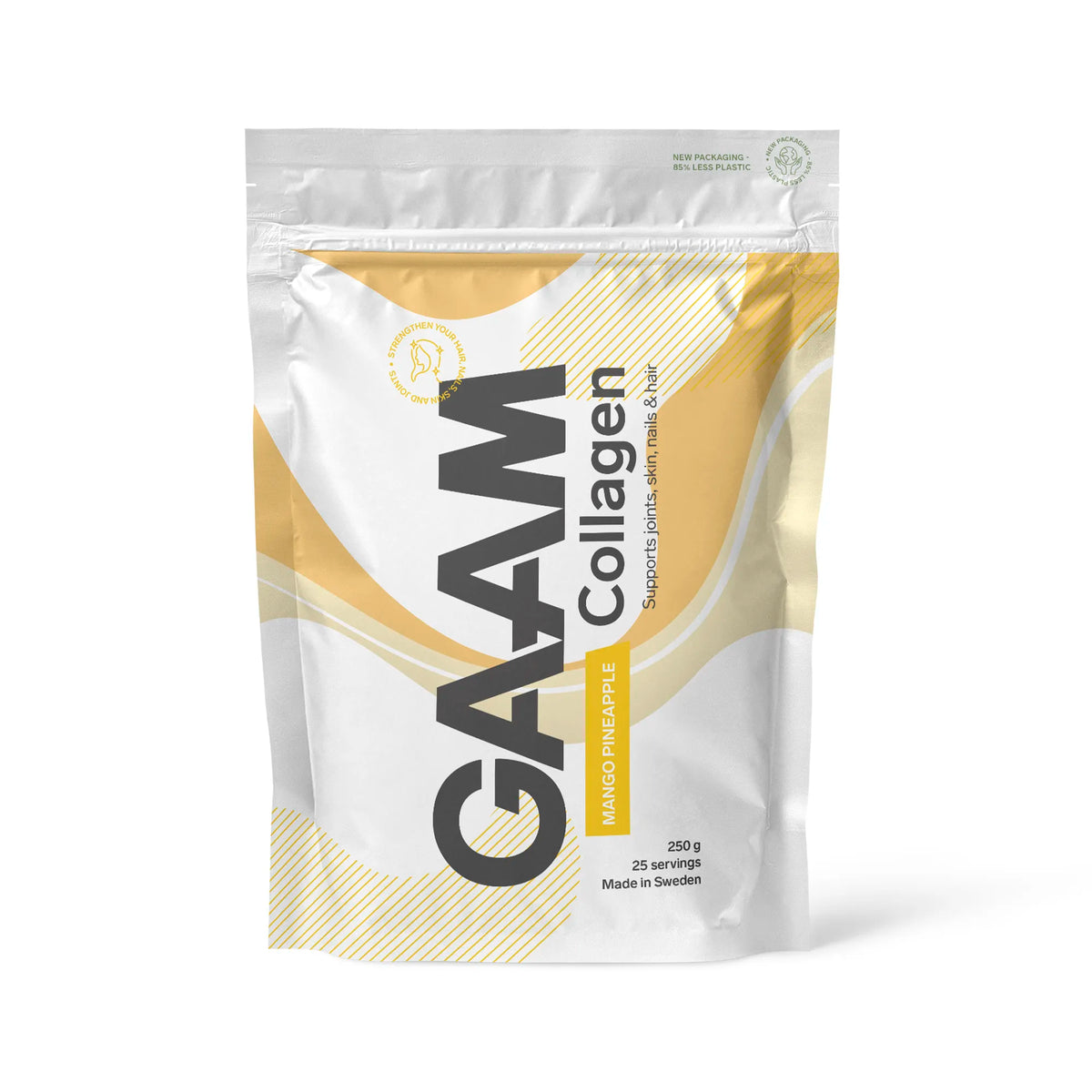 GAAM Collagen 250 g -kollageenijauhe valkoisessa pussissa keltaisilla yksityiskohdilla, makuna Mango Pineapple.
