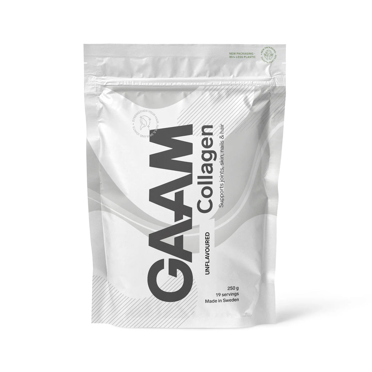 GAAM Collagen 250 g -kollageenijauhe valkoisessa pussissa tummanharmaalla tekstillä, makuna Unflavoured., kuva 3/4