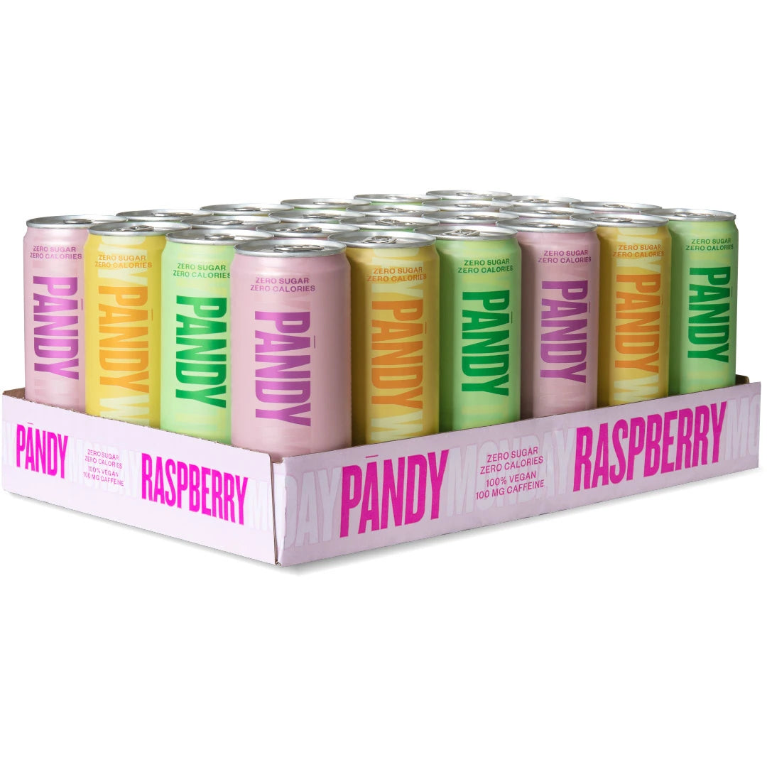 24 x Pändy Soda Energy Drink 330 ml -sekoituslaatikko täynnä pinkkejä, oransseja ja vihreitä energiajuomatölkkejä., kuva 1/1