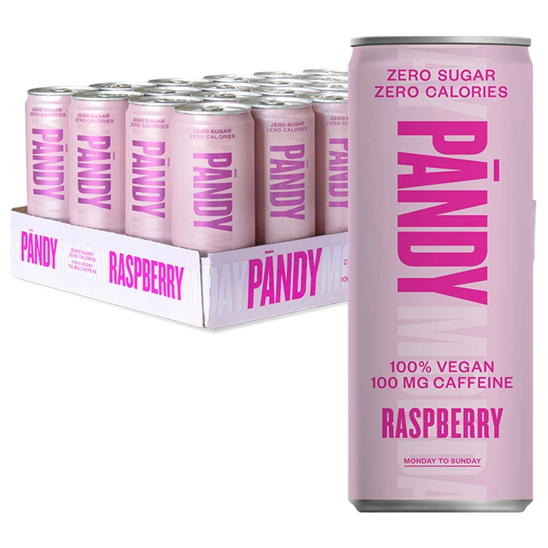 24 x Pändy Soda Energy Drink 330 ml Raspberry vaaleanpunaisessa laatikossa yhteensopivilla energiajuomatölkeillä., kuva 1/1