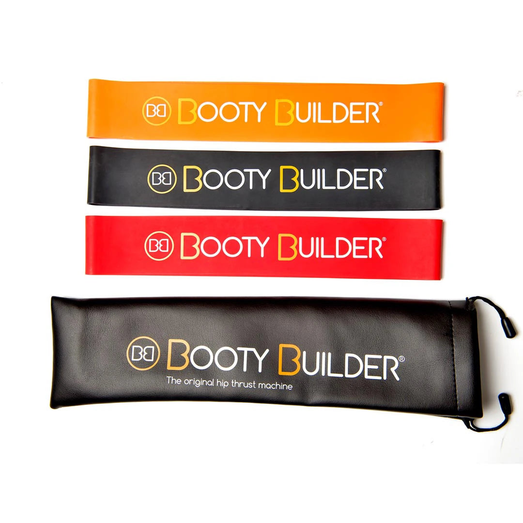 Booty Builder Mini Bands Black 3-Pack -treeninauhat, joissa on oranssi, musta ja punainen kuminauha sekä musta säilytyspussi., kuva 1/1