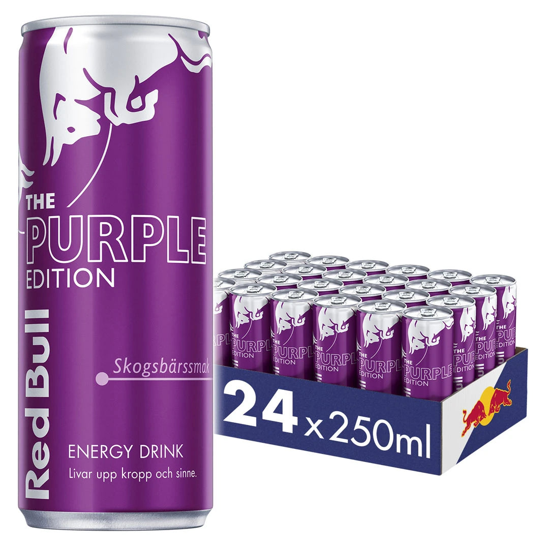 24 x Red Bull Energiajuoma 250 ml Purple Edition Metsämarja sinisessä laatikossa, liloja tölkkejä., kuva 1/1