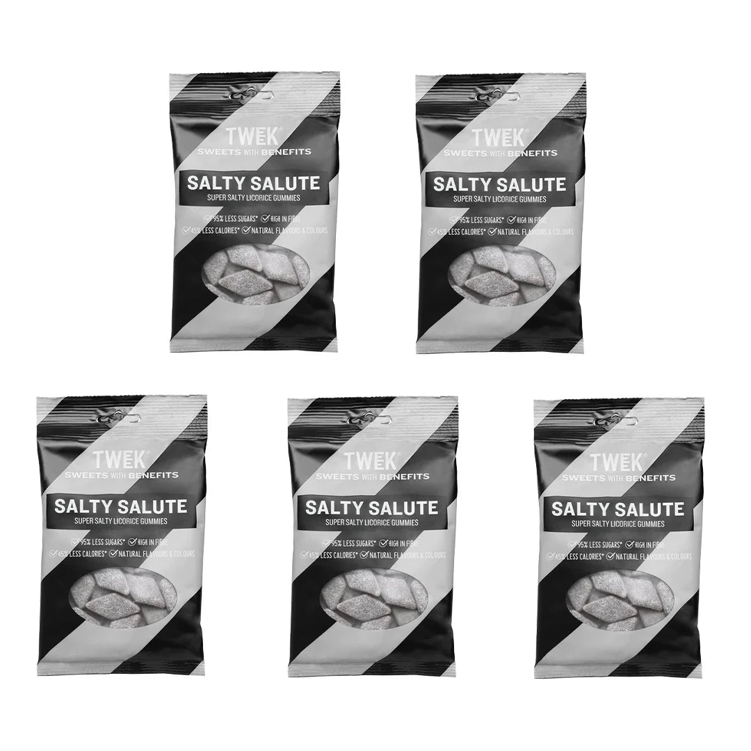 5 x Tweek Sweets 80 g Salty Salute -makeiset mustan ja harmaan värisissä pusseissa, joissa on erittäin suolaisia lakritsikarkkeja., kuva 1/1
