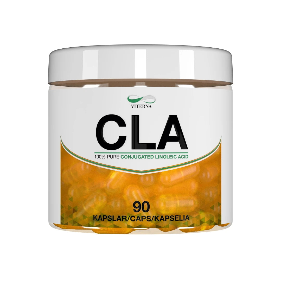 Viterna CLA 90 caps -ravintolisä läpinäkyvässä purkissa, jossa on valkoinen etiketti ja oransseja kapseleita., kuva 1/1